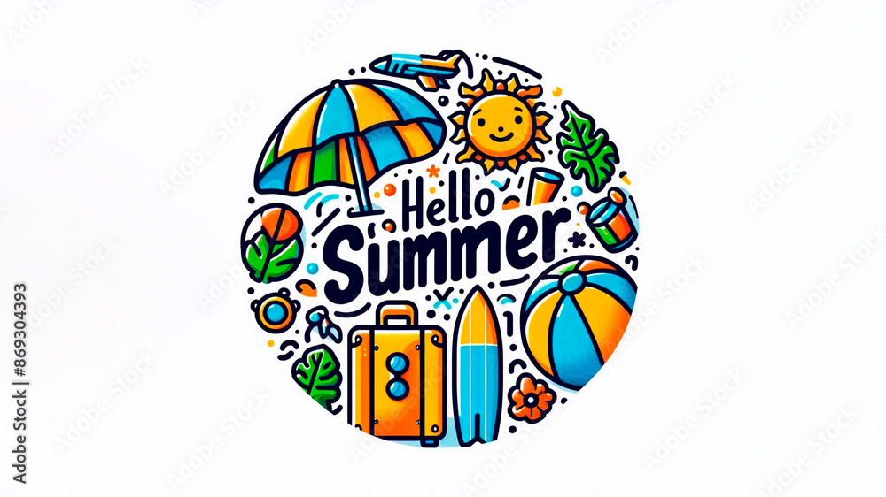 Hello Summer greeting text in circular white frame with colorful beach element: umbrella, surfboard, luggage, ball. Hello summer beach vector concept. Hello Summer greeting text in circular white frame with colorful beach element: umbrella, surfboard, luggage, ball. Hello summer beach vector concept.
