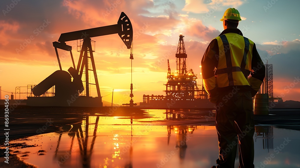 worker in high-vis clothing silhouetted against oil rig at sunset, dramatic industrial scene worker in high-vis clothing silhouetted against oil rig at sunset, dramatic industrial scene