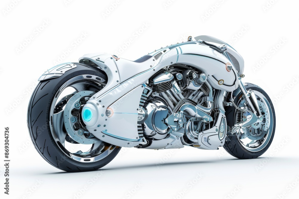 An isolated white background shows a futuristic cyberpunk style silver motorcycle. An isolated white background shows a futuristic cyberpunk style silver motorcycle.