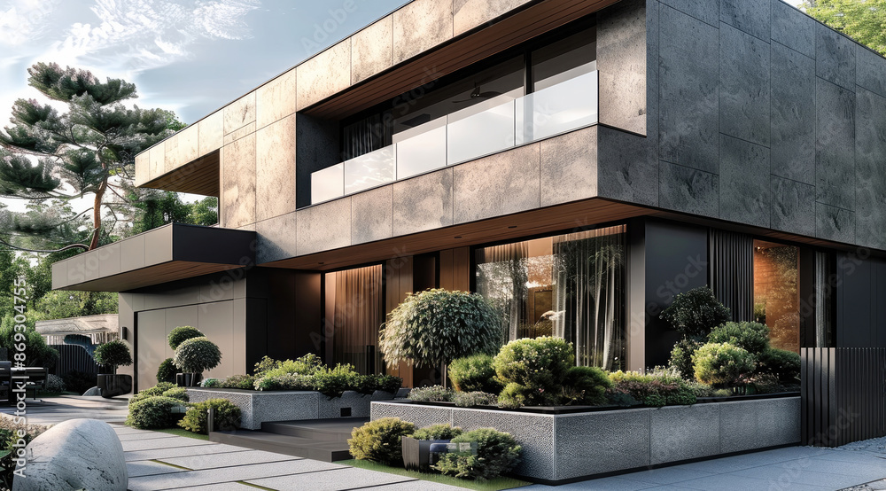 Fototapeta premium A seamless facade and fencing, both made from large-format grey stone effect panels and wood. Generative AI.