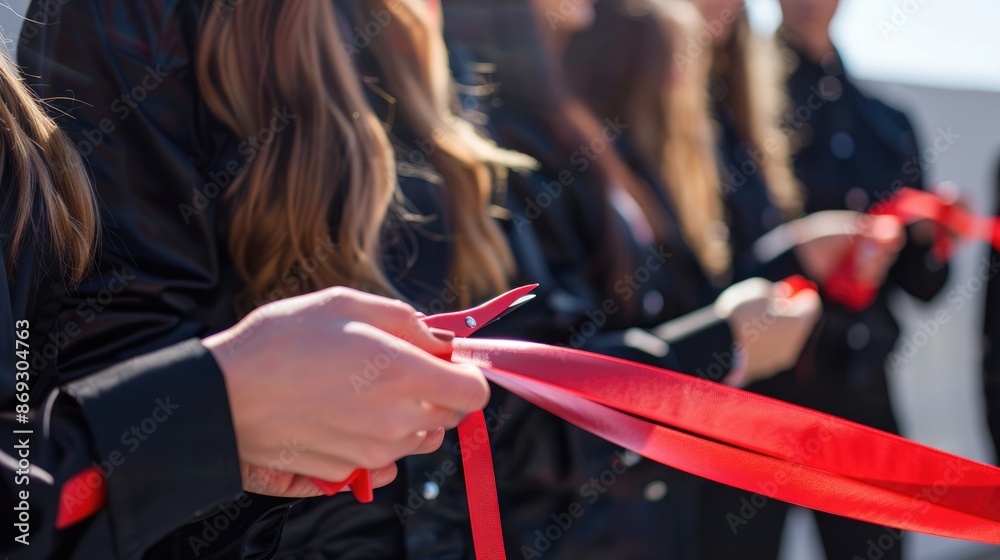 Close-up of Hands Cutting a Red Ribbon Close-up of Hands Cutting a Red Ribbon