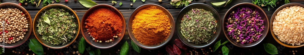 Assortment of Aromatic Spices and Herbs in Bowls on Wooden Background Assortment of Aromatic Spices and Herbs in Bowls on Wooden Background