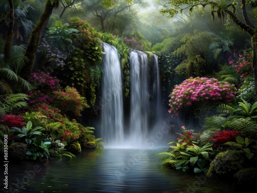 A serene waterfall cascades into a lush, vibrant jungle scenery with blooming flowers and dense green foliage, creating a tranquil nature retreat.