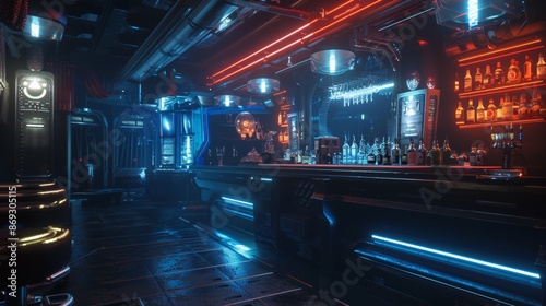 Interior of a dark and futuristic alien drinks bar. 3D rendering in the genre of science fiction or cyberpunk fantasy.