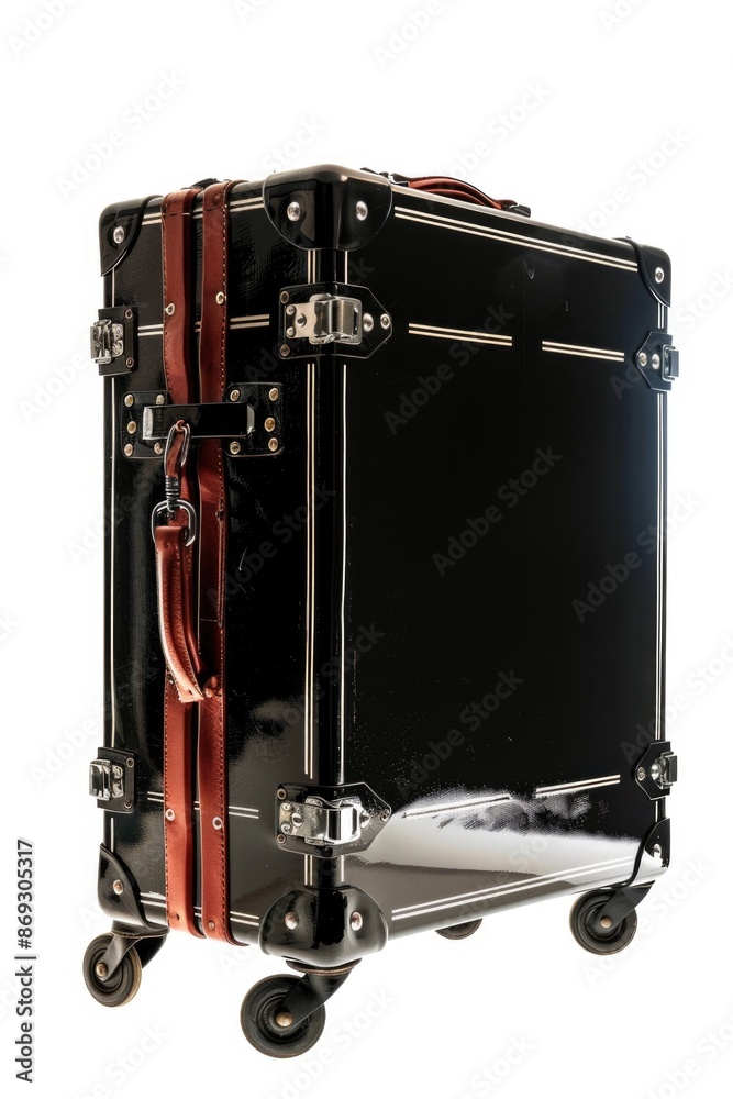 A single black suitcase sits on a clean white surface, ideal for use in interior design or travel-related contexts A single black suitcase sits on a clean white surface, ideal for use in interior design or travel-related contexts