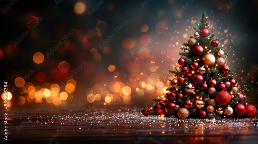 Christmas tree decorated with ornaments and lights, creating a festive holiday atmosphere with blurred bokeh lights in the background. Christmas tree decorated with ornaments and lights, creating a festive holiday atmosphere with blurred bokeh lights in the background.