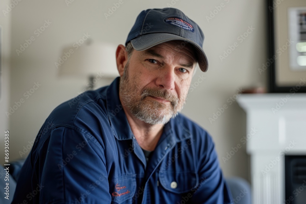 Portrait of a Thoughtful Middle-Aged Man in a Blue Work Shirt Portrait of a Thoughtful Middle-Aged Man in a Blue Work Shirt