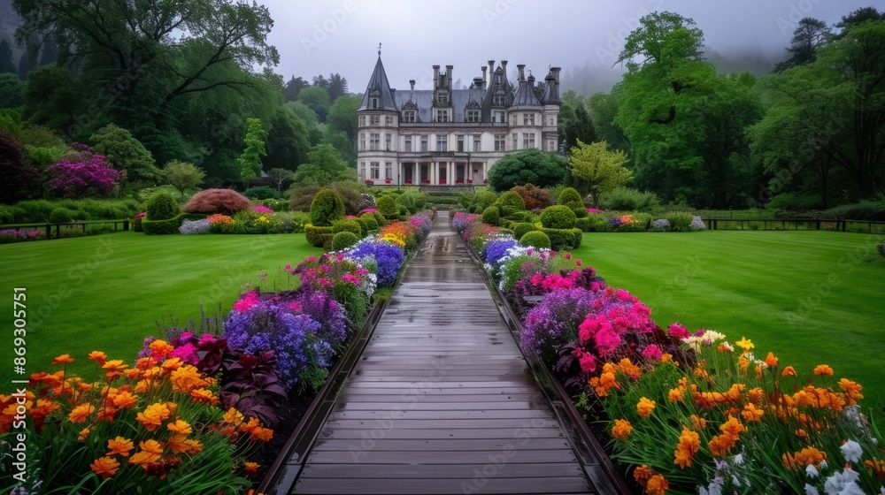 Obraz premium Elegant castle surrounded by lush gardens with vibrant flowers and manicured lawns, creating a picturesque and serene landscape.