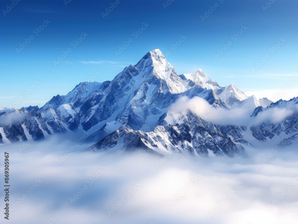 Fototapeta premium Majestic snowy mountain peak emerging through the clouds against a clear blue sky, perfect for landscape and nature themes.