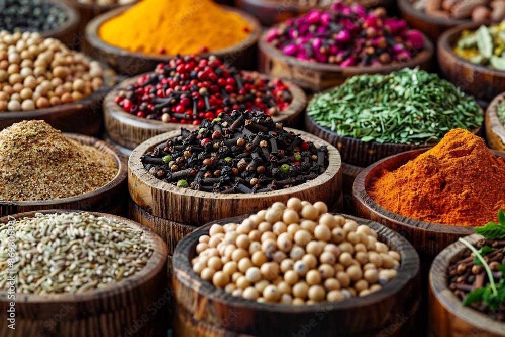 Assortment of Spices and Herbs in Wooden Bowls