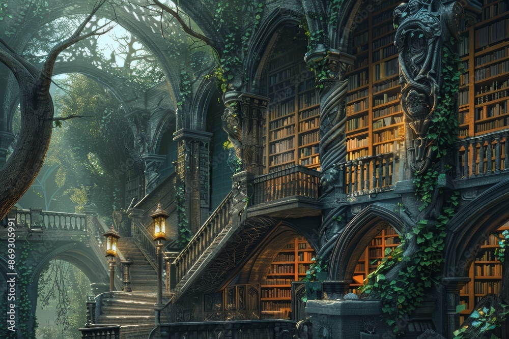 Naklejka premium Ruins of a fantasy library in a mechanical botanical garden of the future