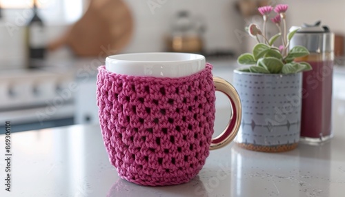 Modern crochet magenta coffee cozy with sleek designs, wrapped around a stylish mug in a minimalist kitchen