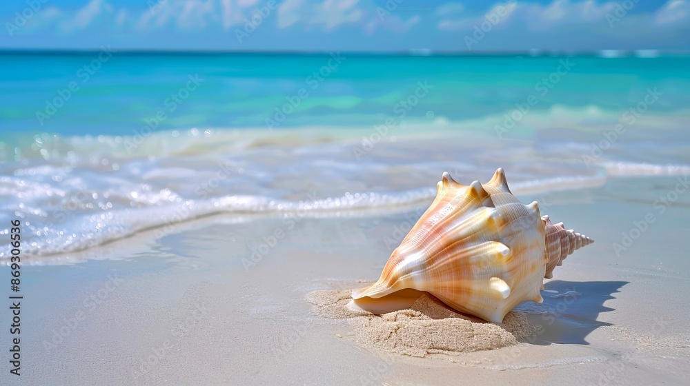 Serene beach scene with conch shell on sandy shore, clear ocean waves in background. The image is calm and relaxing. Serene beach scene with conch shell on sandy shore, clear ocean waves in background. The image is calm and relaxing.