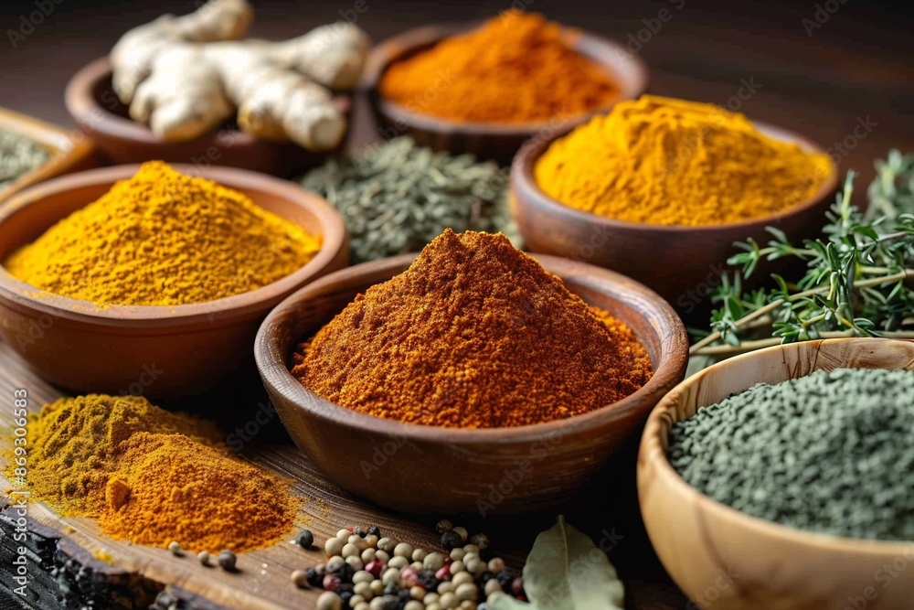 Assortment of Spices in Bowls - Turmeric, Paprika, Chili, Ginger, Cumin, Curry Assortment of Spices in Bowls - Turmeric, Paprika, Chili, Ginger, Cumin, Curry