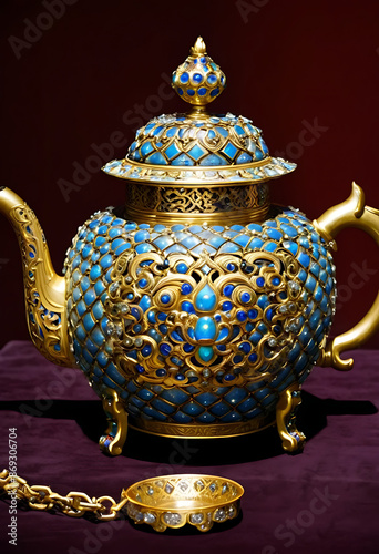 gold teapot with a chain around it gujian pot golden armor with diamonds. photo