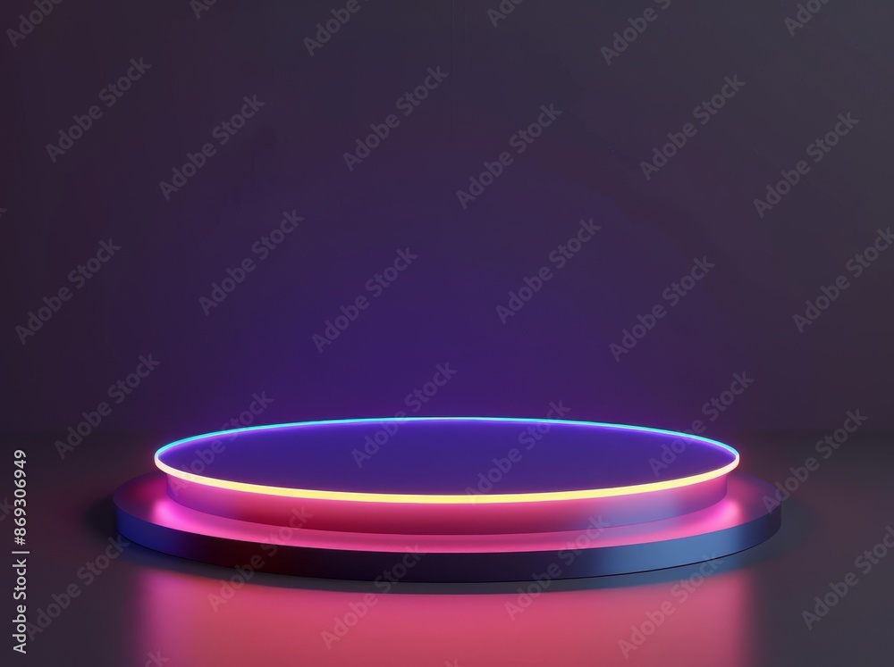 Mockup of a black scientific podium with gradient neon lights. This is a sci-fi mockup. Mockup of a black scientific podium with gradient neon lights. This is a sci-fi mockup.