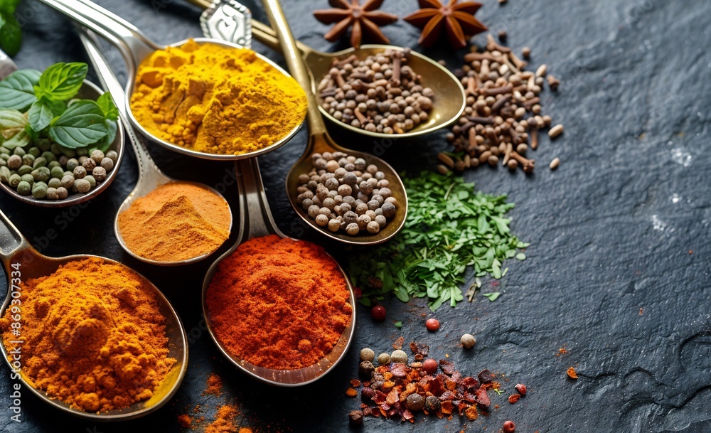 Assortment of Spices in Spoons on Black Background Assortment of Spices in Spoons on Black Background