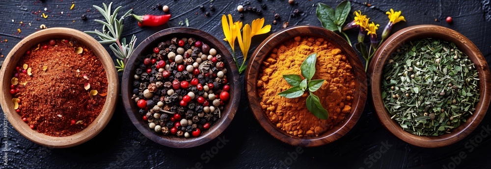 Assortment of Spices in Wooden Bowls Black, Red, White Peppercorns, Paprika, Turmeric, Chili Flakes, Cayenne Pepper, Cumin, Coriander. Assortment of Spices in Wooden Bowls Black, Red, White Peppercorns, Paprika, Turmeric, Chili Flakes, Cayenne Pepper, Cumin, Coriander.