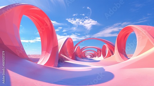 Rendering of a surreal pastel landscape with geometric shapes, an abstract desert dune in a seasoning landscape with arches, a panoramic futuristic scene with blue skies and clouds, and blue skies