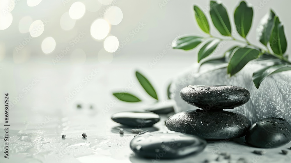 Obraz premium Spa Stones, Greenery and Water Drops on a White Surface