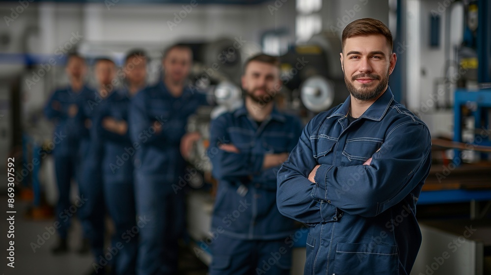 confident foreman in blue uniform with team in industrial workshop confident foreman in blue uniform with team in industrial workshop