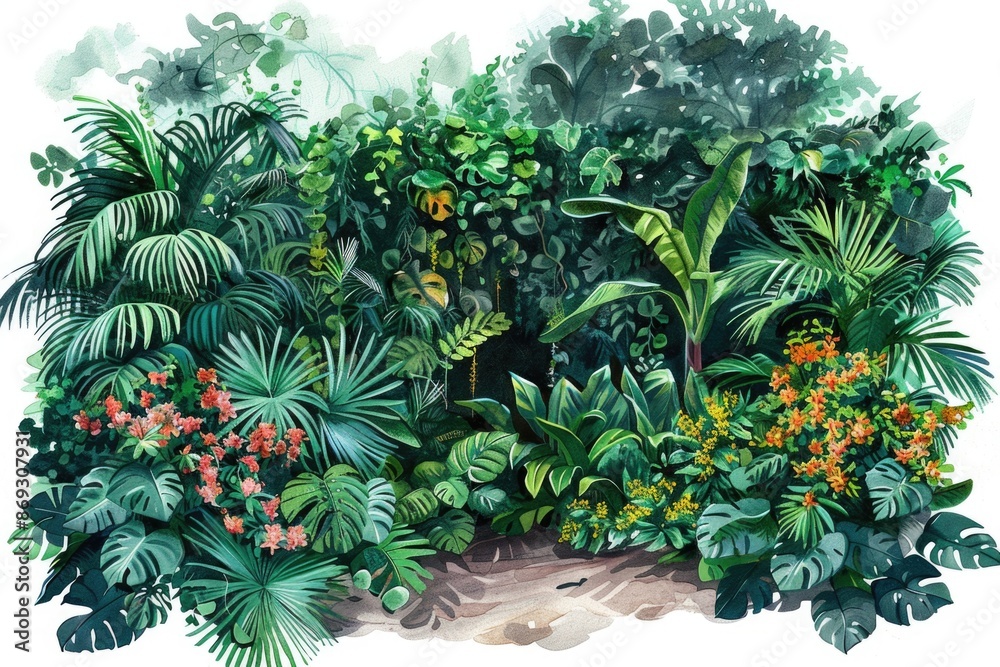 Fototapeta premium A dense jungle with numerous plants and foliage
