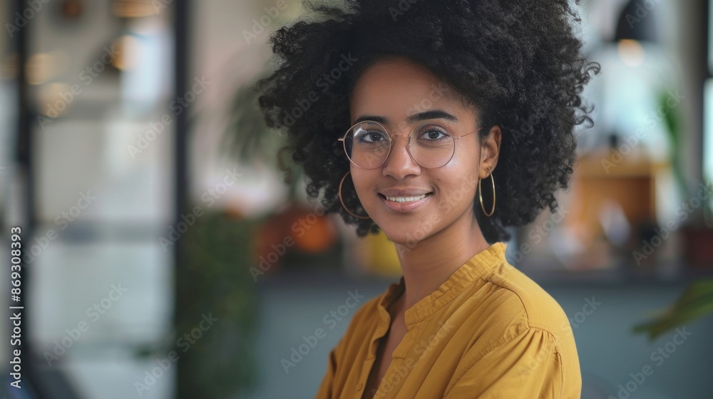 A portrait of a young woman with curly hair, wearing glasses and a yellow shirt, smiling confidently in an office setting A portrait of a young woman with curly hair, wearing glasses and a yellow shirt, smiling confidently in an office setting