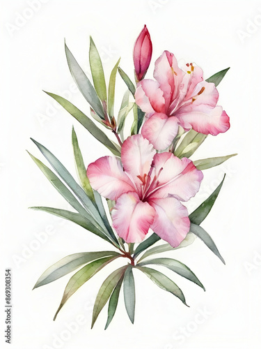 Nerium oleander flowers watercolor on white background, pink flowers