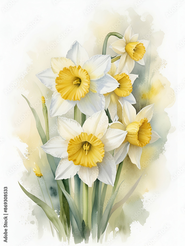 Obraz premium Daffodils flowers watercolor on white background