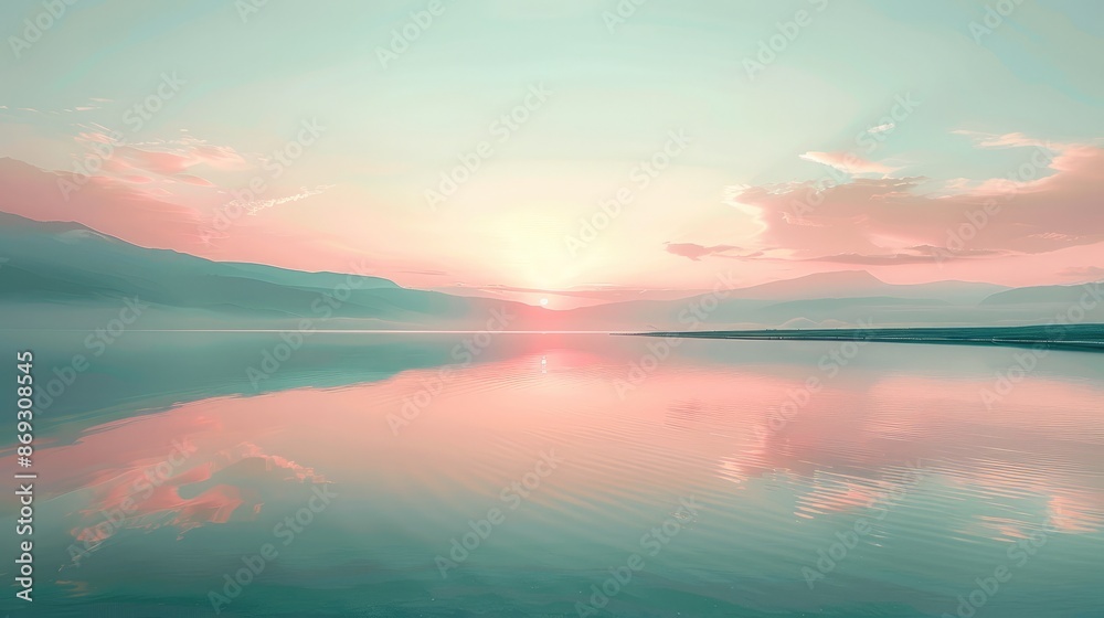 A soft pink sunset reflected in a calm mint green lake, creating a serene and peaceful scene. Generative AI. A soft pink sunset reflected in a calm mint green lake, creating a serene and peaceful scene. Generative AI.