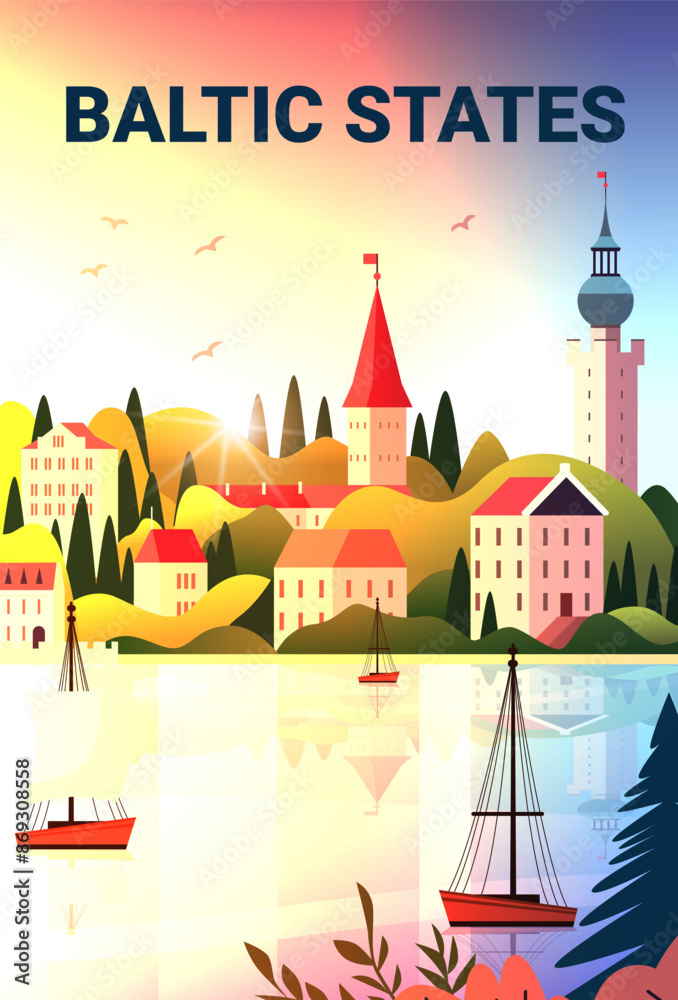 Baltic States travel illustration sunset coastal town sailboats colorful buildings hills trees reflection scenic landscape tourism design elements Baltic States travel illustration sunset coastal town sailboats colorful buildings hills trees reflection scenic landscape tourism design elements