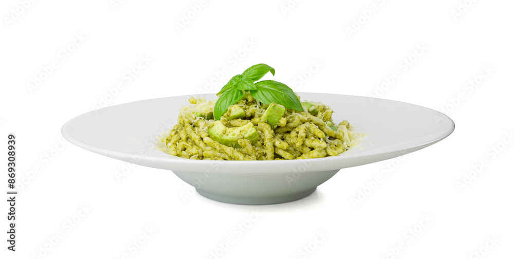Trofie Al Pesto, Italian Pasta with Pesto Sauce, Traditional Genovese Troffie, Fusilli Pugliesi, Liguria Food Trofie Al Pesto, Italian Pasta with Pesto Sauce, Traditional Genovese Troffie, Fusilli Pugliesi, Liguria Food