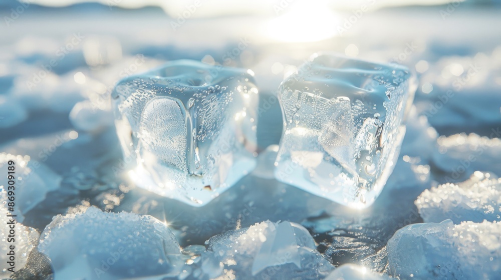 Two ice cubes sit atop a pile of ice, perfect for a cold beverage or scientific demonstration