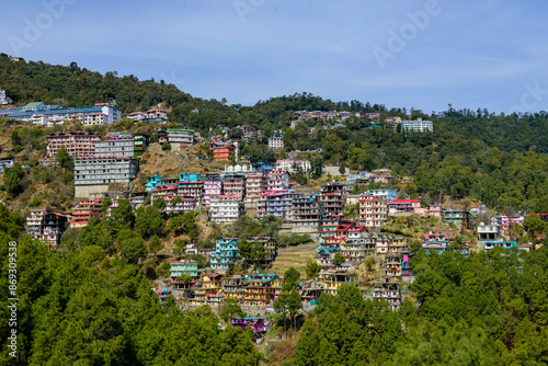 Houses perched on the hills at Shimla, India, Asia. View of the city.