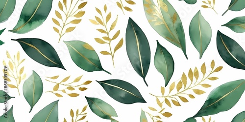 Illustration with green gold leaves and branches generative AI illustration