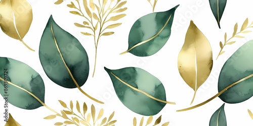 Illustration with green gold leaves and branches generative AI illustration