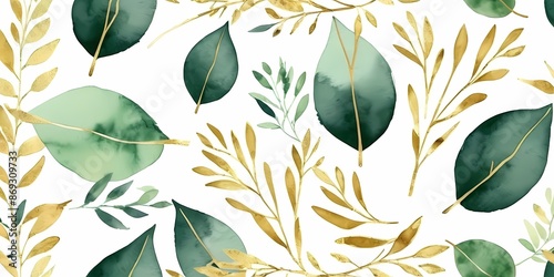 Illustration with green gold leaves and branches generative AI illustration