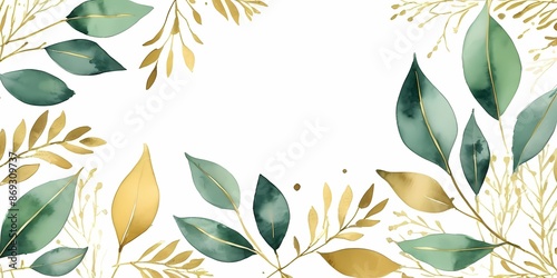 Illustration with green gold leaves and branches generative AI illustration