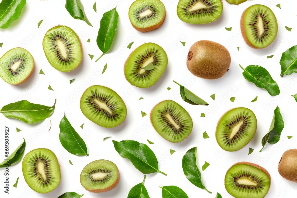 Fototapeta premium An organic kiwi with half slices floating or falling in the air with green leaves isolated on a white background.