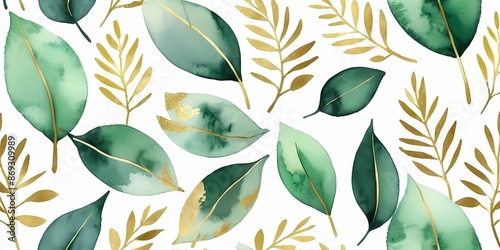 Illustration with green gold leaves and branches generative AI illustration