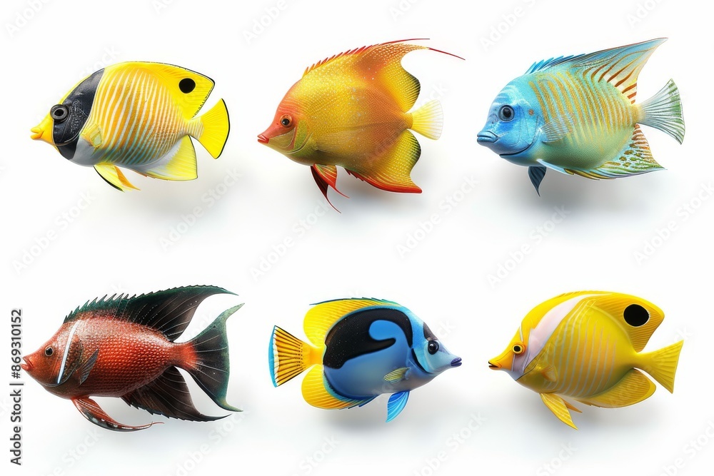 Naklejka premium An aquarium with colorful fishes in the underwater world of the tropical ocean, isolated on a colorful background.