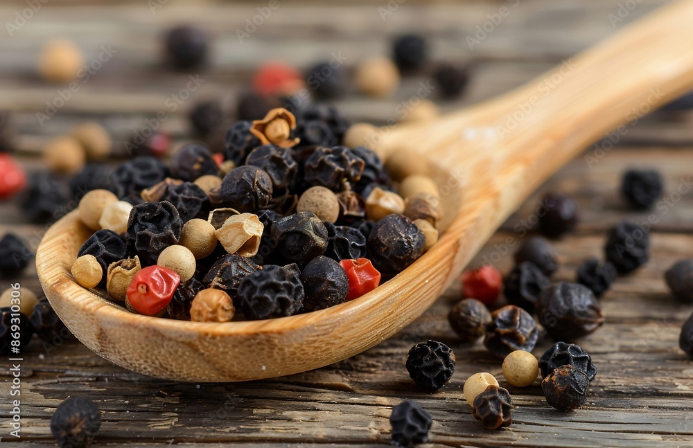 Black, White, Red Peppercorns in Wooden Spoon on Rustic Wood Tabletop Black, White, Red Peppercorns in Wooden Spoon on Rustic Wood Tabletop