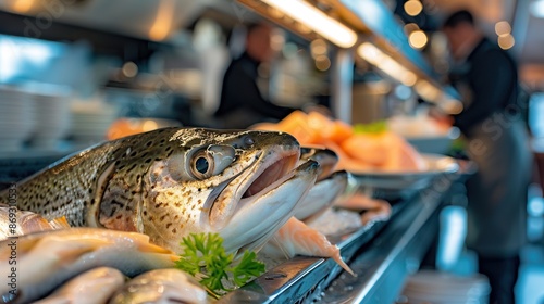 Fresh Salmon on Display in a Seafood Market