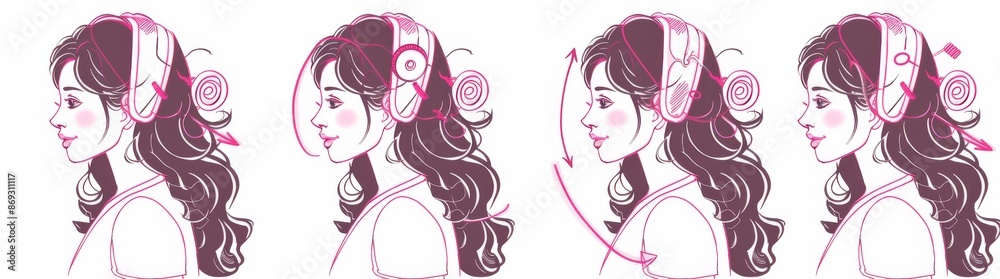 Illustrations of girl styling waves with heatless curl bands. Beauty concept. Modern illustration. Illustrations of girl styling waves with heatless curl bands. Beauty concept. Modern illustration.