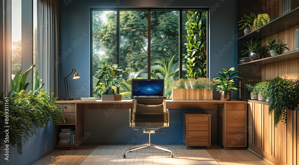A minimalistic office room, the workspace. It concludes an office chair, a wooden desk, a laptop and a screen, and there's some storage above the workspace with plants. Generative AI. A minimalistic office room, the workspace. It concludes an office chair, a wooden desk, a laptop and a screen, and there's some storage above the workspace with plants. Generative AI.