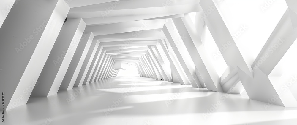 Obraz premium Long light corridor on white background. Futuristic Sci-Fi Triangle Tunnel. 3D rendering