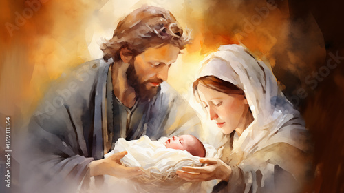 Birth of Jesus Christ, Christmas Day, Holiday and celebration. Watercolor style.