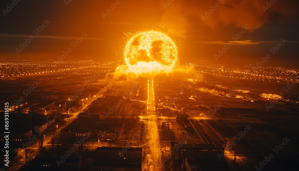 Fototapeta premium A massive fiery explosion is captured at night from a distant vantage point, highlighting the intense, chaotic beauty and devastating power of such an event in dark surroundings.