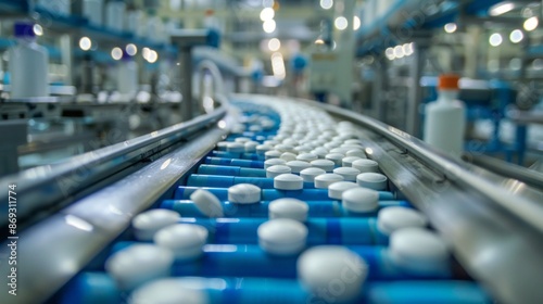 A close-up view of a pharmaceutical production line, featuring a conveyor belt carrying an endless stream of white pills