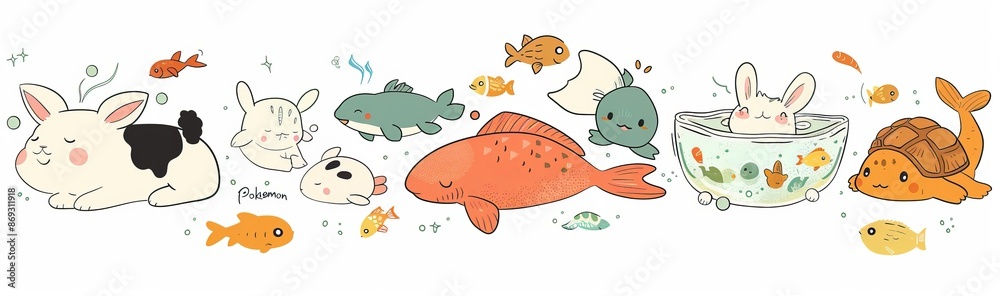 The set is composed of a dog, cat, bird, fish, rabbit, rat, turtle and many others in different poses. The set is isolated on white background with a cute doodle design.